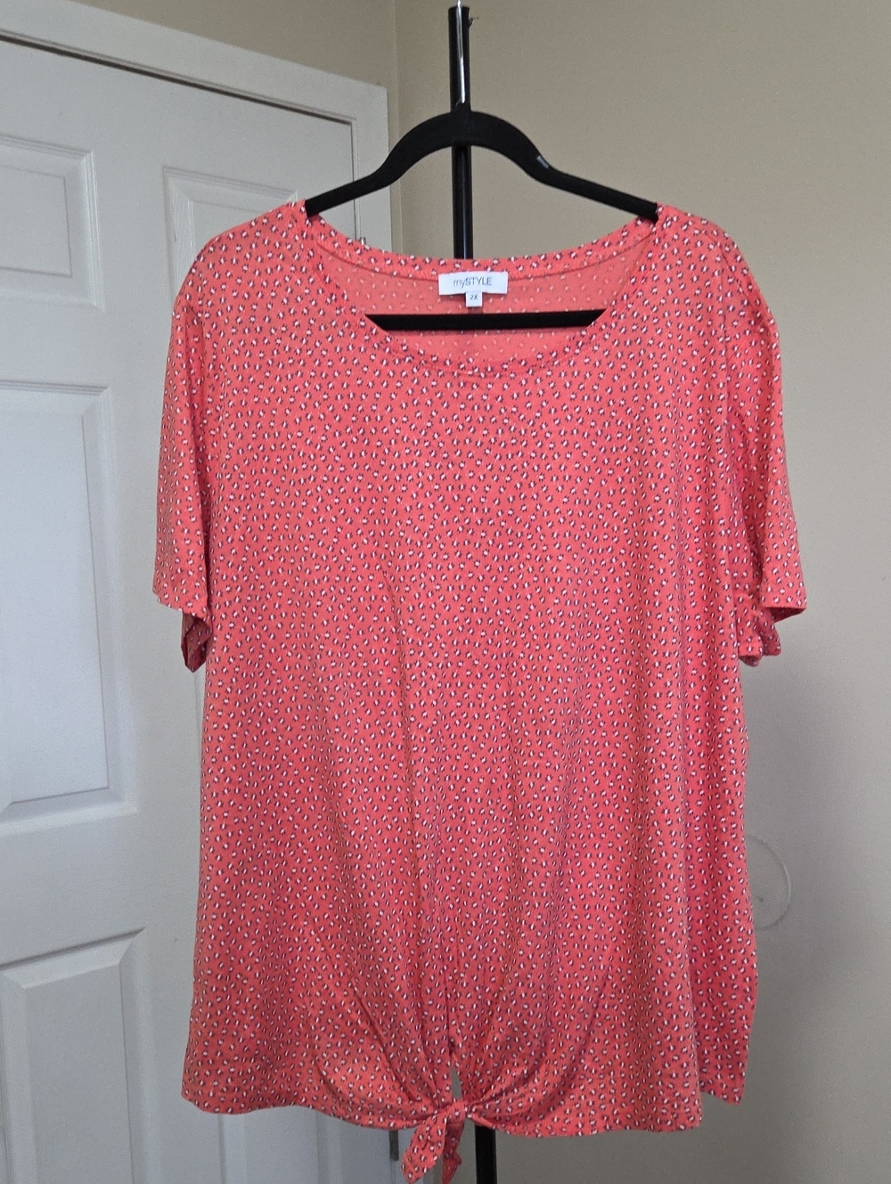 MY STYLE 100% Cotton  Coral Short Sleeve Tie-Hem Tee